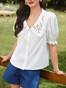 Vintamour Vintage Elegant Women Embroidery Collar Ruffle Blouse, White Short Sleeve Fitted Blouse For Spring/Summer Mother Day Mom Tops Vacation Festival Teacher