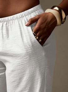 MISSGUIDED Wide Leg Linen Feel Beach Resort Drawstring Pants Lounge Palazzo Vacation Summer Trousers Casual Comfort Elastic Waist