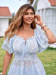 KURAYIA Plus Size Women's Elegant Floral Jacquard Contrast Double-Layer Cap Sleeve Blouse, Blue - Blue - View 5