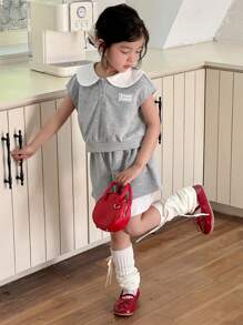 DAZY 2pcs/Set Girls Collared Casual Loose Short Sleeve T-Shirt And Shorts, Summer - Grey - View 6
