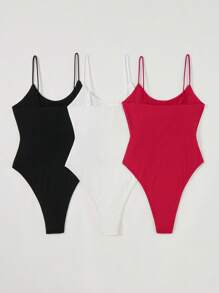 SHEIN BASICS 3pcs Solid Color Slim Fit Knitted Bodysuit For Women - Multicolor - View 2