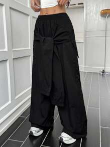 SHEIN EZwear Women's Solid Color Elastic Waist Tied Straight Leg Casual Pants - Black - View 3