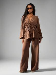 MISSGUIDED Elegant Linen Feel Tiered Ruffle Blouse Wide Leg Pants Set Boho Drawstring Waist Long Sleeve Autumn Winter Resort Wear Loungewear Coordinates - Brown - View 5