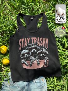 Tseoso Stay Trashy” 休闲女式浣熊图案印花背心，50% 纯棉，有趣而简约的设计 - 黑色 - 查看 2