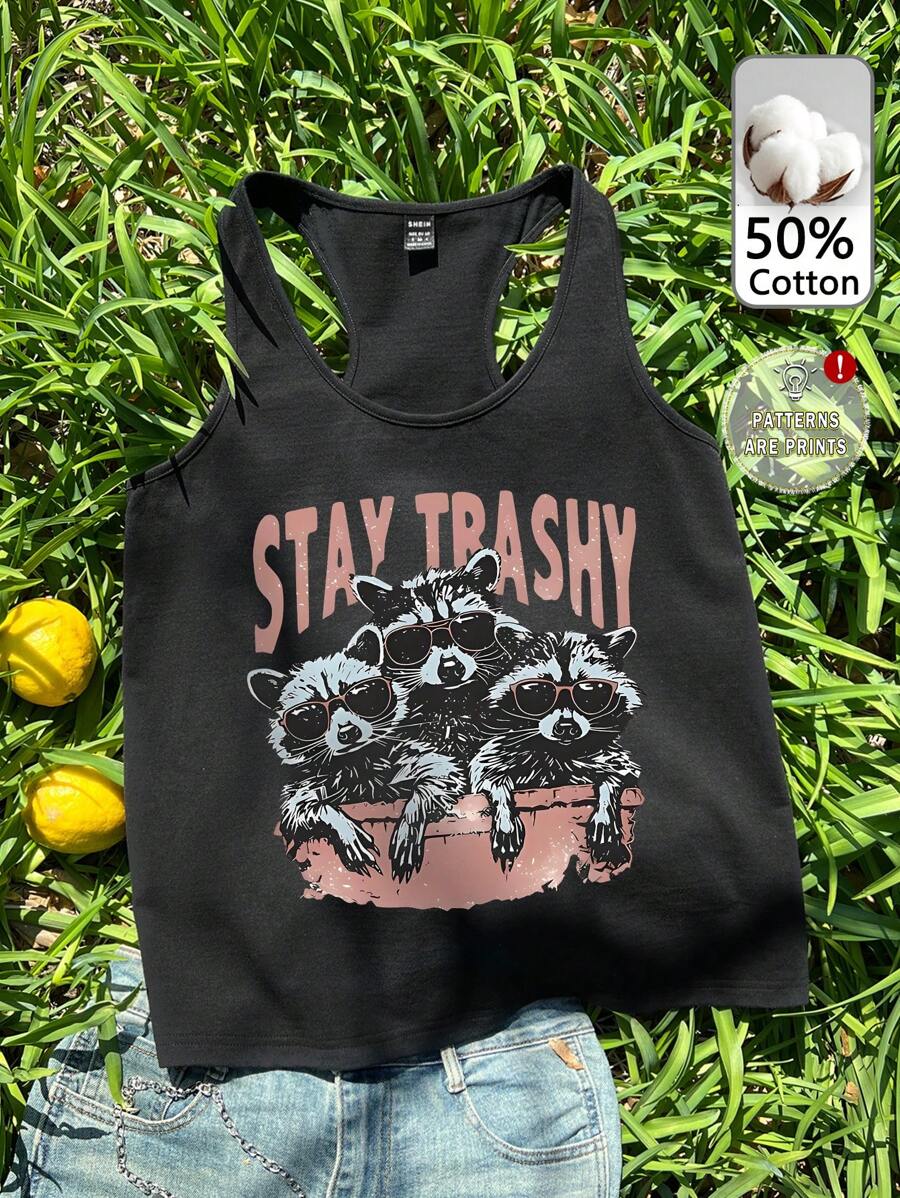 Tseoso Stay Trashy” 休闲女式浣熊图案印花背心，50% 纯棉，有趣而简约的设计