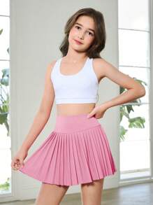 Tween 女童针织粉色百褶短裤，高弹力舒适骑行跑步训练短裤，吸湿排汗 - 粉色 - 查看 4