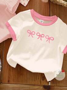 SHEIN 3 件套年轻女孩休闲简约圆领短袖基本款 T 恤，带有可爱的波西米亚花卉、柔和的粉色条纹、3D 蝴蝶结设计，适合春夏季、居家、度假、返校 - 彩色 - 查看 3