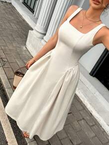 Gloray Damen Maxi-Kleid im französischen Stil mit quadratischem Ausschnitt, ärmellos, elegant plissiert, einfarbig