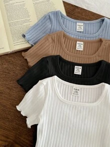 SHEIN 4pcs/Set Casual Simple Solid Color Ribbed Frill Trim Short Sleeve Tops For Baby Girls