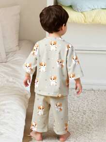 SHEIN Conjunto de pijama holgado y casual con estampado de perro para bebé niño, adecuado para el verano - Multicolor - Ver 2