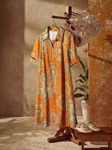 EMERY ROSE Vestido-camisa plus size feminino casual com estampa geométrica circular, adequado para passeios casuais diários/viagens de férias, gola de camisa, laranja tropical do sudoeste