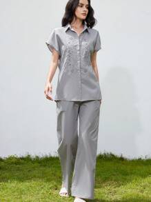 Aveloria Modichic New Stylish Business/Leisure Commute Elegant Vintage Hollowed-Out Contrast Embroidery Drop Shoulder Sleeve Lapel Button Shirt & Loose Wide Leg Pants Two Pieces Set For Women