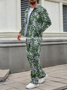 Manfinity Homme Men Denim Set, Leopard Print Long Sleeve Denim Jacket & Jeans, Fall - Multicolor - View 5