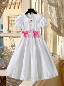 SHEIN Young Girls Pink Lace Peter Pan Collar Bow Decor Maxi Dress, Spring/Summer