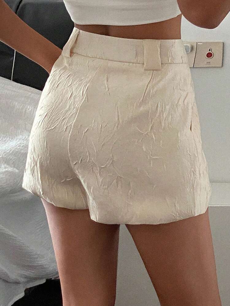 Solid Color Textured Fabric Straight Leg Casual Shorts For Women, Summer