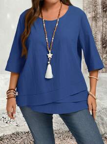 EMERY ROSE Camisa asimétrica verde de estilo campestre para otoño en tallas grandes - azul real - Ver 3