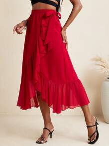 BELANGE HANDMADE Red Solid Color Crepe Wrap Belt Waist Ruffles Midi Skirt Women Beach Vacation Holiday