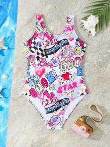 Tween Girls Random Cute Graffiti Print One-Piece Swimsuit, Perfect For Beach Vacation In Summer - Multicolor - View 6