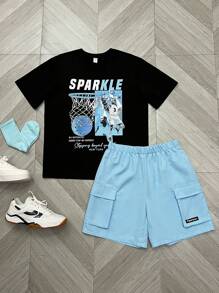 SHEIN 2pcs/Set Teen Boys Casual Short Sleeve T-Shirt And Shorts Set, Street Punk Rock Collegiate Daily Outfits For Spring/Summer, Suitable For Party, Festival, Outdoor - Multicolor - View 1