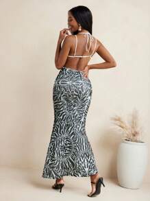 JIAN LASALA Schwarz bedrucktes Kleid mit Spaghettiträgern, figurbetonter Passform, Schlangenschnittausschnitten und Ringen, Partykleid, Sommerkleid, langes Kleid, Bandage-Kleid, Hawaii-Outfit, Ankara-Kleid, Resortwear, fließendes Kleid, vintage Abendkleid