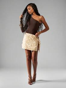 MISSGUIDED Wrap Style Mini Skirt With Sequin Embellishment Side Bow Detail Party Club Festive Holiday Evening Occasion Wear Short Side Tie Detailed Wrap - Apricot - View 5