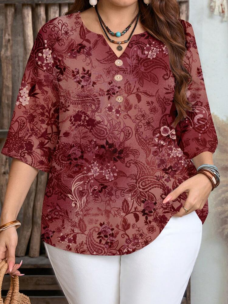 Plus Size Women Casual Floral Print Shirt, Suitable For Summer Chic Blouses For Women,Flower/Vacation/Spring