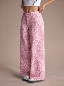 Easelle 女式豹纹口袋宽松阔腿休闲百搭牛仔裤 - 粉色 - 查看 6