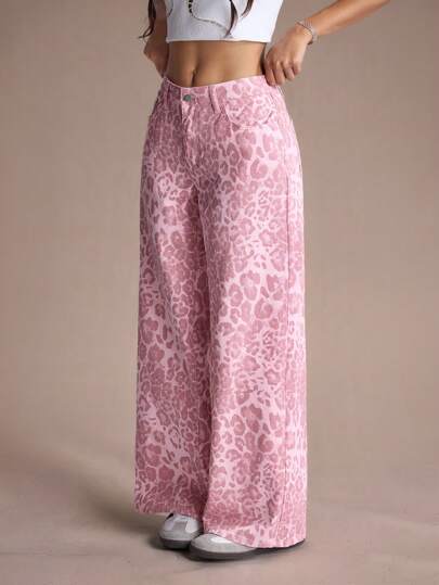 SHEIN PETITE Women's Pocket Button Leopard Print Casual Versatile Daily Wear Wide Leg Jeans