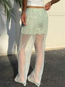 SHEIN EZwear 女式优雅纯色网眼拼布长裤 - 淺藍色 - 查看 2