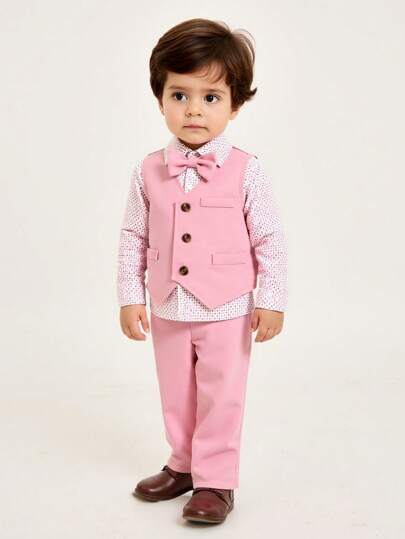 3pcs Baby Boy Gentleman Floral Turndown Collar Long Sleeve Bowtie Shirt + Solid Vest + Pants Set, Daily Wear, Party, Social Occasions, Wedding, All Seasons