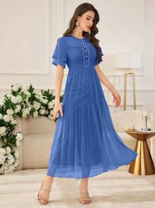 Modelyn Abito ampio elegante da donna in stile primavera/estate con inserti in merletto, perle e bottoni, a pois e fiori con tessuto in in rete