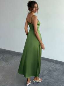 Firerie Spring/Summer New Arrival Elegant Woman's Green Stain Elegant V-Neck Waist Coat Details Long Dress, Sexy And Elegant Party Dress, Sisters Evening Dress, Ladies Long Dress Satin Women Outfit.