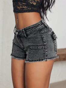 SHEIN ICON 女式休闲百搭磨边水洗牛仔短裤 - 灰色 - 查看 6