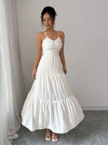 Elenzga Vestido eleg nte de mujer con textura arrugada tejida en color albaricoque, cintura ajustada y volantes en tres niveles, para primavera/verano