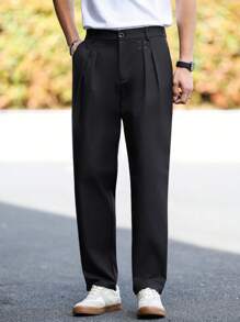 Manfinity Homme Men's Casual Daily Style: An INS-Inspired Featuring Minimalist, Relaxed Black Suit Pants For Everyday Wear. It Makes A Great Gift For A Boyfriend Or Husband, Exuding French Elegance And Romance. Men's Solid Color Pleated Straight Leg Loose Casual Suit Pants, For Men Pants, Slacks Pants For Men - Black - View 6