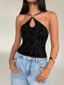 Aloruh 女士性感交叉绑带金属扣装饰黑色植绒印花上衣，春季外出上衣，优雅性感上衣 - 黑色 - 查看 4