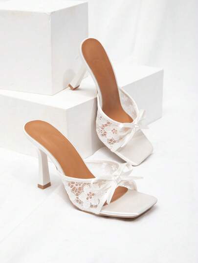 CUCCOO CHICEST Women's White Lace Embroidery Bowknot Pointed Toe Stiletto High Heel Sandals, Elegant Romantic Wedding Bridal Bridesmaids Dress Party Evening Shoes For Christmas