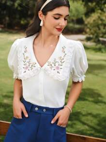 Vintamour Vintage Elegant Women Embroidery Collar Ruffle Blouse, White Short Sleeve Fitted Blouse For Spring/Summer Mother Day Mom Tops Vacation Festival Teacher