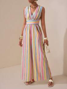 Zivah 2025 Bộ đồ liền thân sọc nữ phong cách Bohemian mùa hè mới, kỳ nghỉ bãi biển, ngày thường, cổ chữ V sâu, dây đeo chéo sau lưng, trang trí nơ, quần ống rộng siêu dài không lưng, màu sọc-Z - Nhiều màu - Xem 3