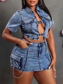 Slaydiva Plus Size Summer Casual Washed Denim Short Sleeve Cropped Jacket - Medium Wash - View 1