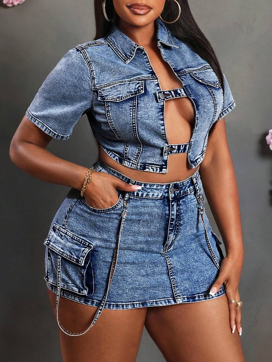 Slaydiva Plus Size Summer Casual Washed Denim Short Sleeve Cropped Jacket - Medium Wash - View 1