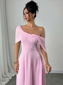 Firerie 女士优雅情人节新款优雅浪漫婚礼教堂夏威夷度假连衣裙，带领带，扭纹连衣裙，奶油黄色，优雅日常百搭时尚不对称领口不对称透视雪纺喇叭下摆长裙，婚礼宾客，粉色，女士，春夏女士正式派对礼服，早午餐女士连衣裙，仙女风格连衣裙端庄