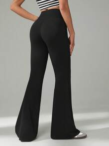 SHEIN Tall Women's Casual Plain Color High Waist Flared Pants, Stretch Work Pants - Black - View 2