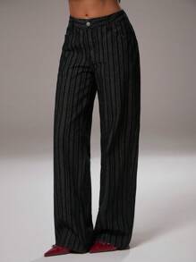 Avantive Office Cowgirl Graduation Jeans Formal 90s Business Casual Wear, Western-Style For Going Out, Fashionable And Casual Millennium, Club Office Retro And Elegant Old Money Street Wear, Basic Black Washed Loose Straight And Wide-Leg Jeans - Black - View 2