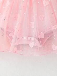 女婴梦幻奢华 3D 心形网眼连体衣，舒适针织面料，荷叶边装饰，高级时尚设计，适合派对和户外活动 - 粉色 - 查看 7