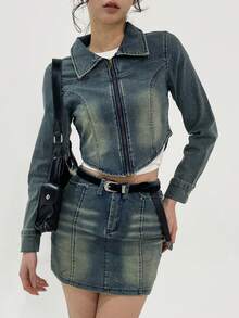 DAZY Women Distressed Denim Short Jacket And Skirt 2-Piece Set - Blue - View 1