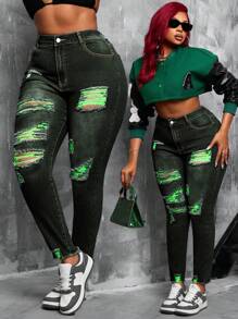 SHEIN SXY Quần legging bó lưới rách nhiều màu co giãn cạp cao cỡ lớn gợi cảm - màu đen - Xem 1