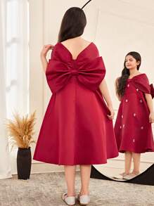 SHEIN Tween Girls' Elegant Bow & 3D Floral Decor Formal Dress - Apricot - View 1