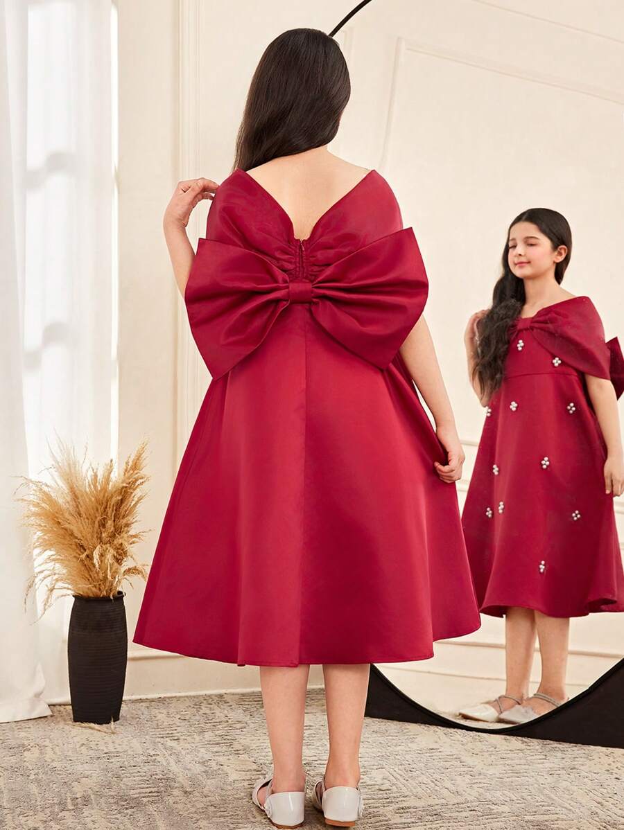 SHEIN Tween Girls' Elegant Bow & 3D Floral Decor Formal Dress - Apricot - View 1