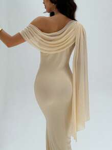 Aloruh Women's Birthday Party Dress Cocktail Dance Concert Music Festival Dinner Greek Goddess Dress Holiday Apricot Dress Mesh Knit Bodycon Dress Solid Color Asymmetrical Collar Splice Chiffon Dress, Elegant Style